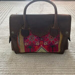 Vintage Addiction Handcrafted Brown and Red Patterned Leather Bag